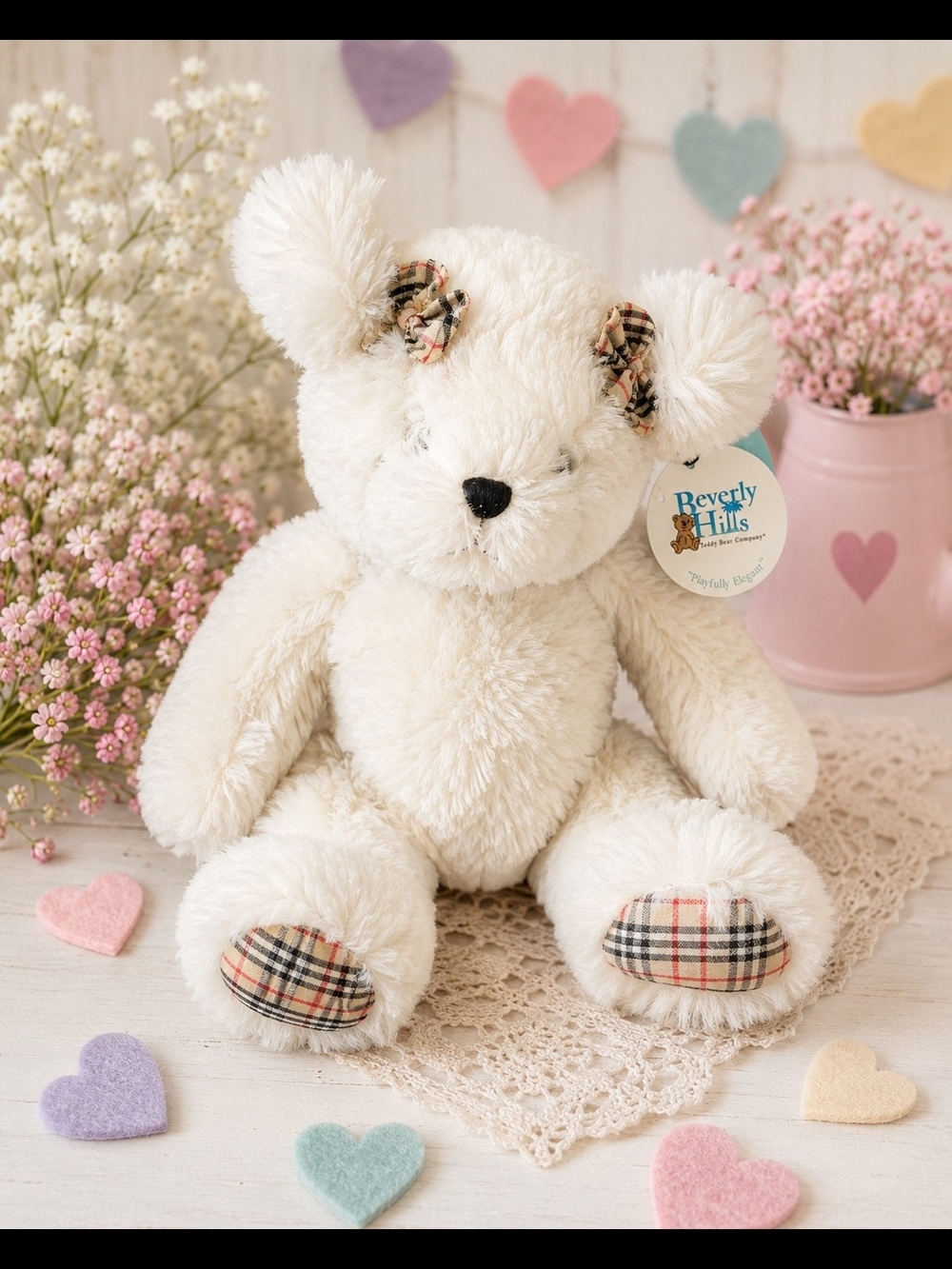 Beverly Hills Teddy Bear Co White Plush Bear w/ Tags Plaid Accents